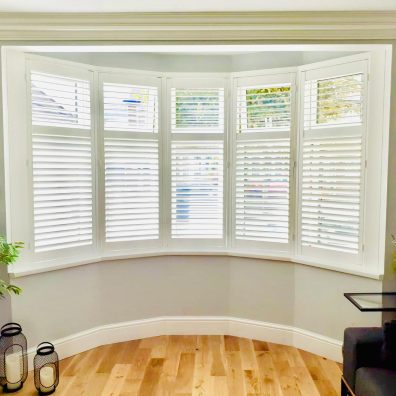 Bay Window With White Plantation Shutters Fitted By West Country Shutters